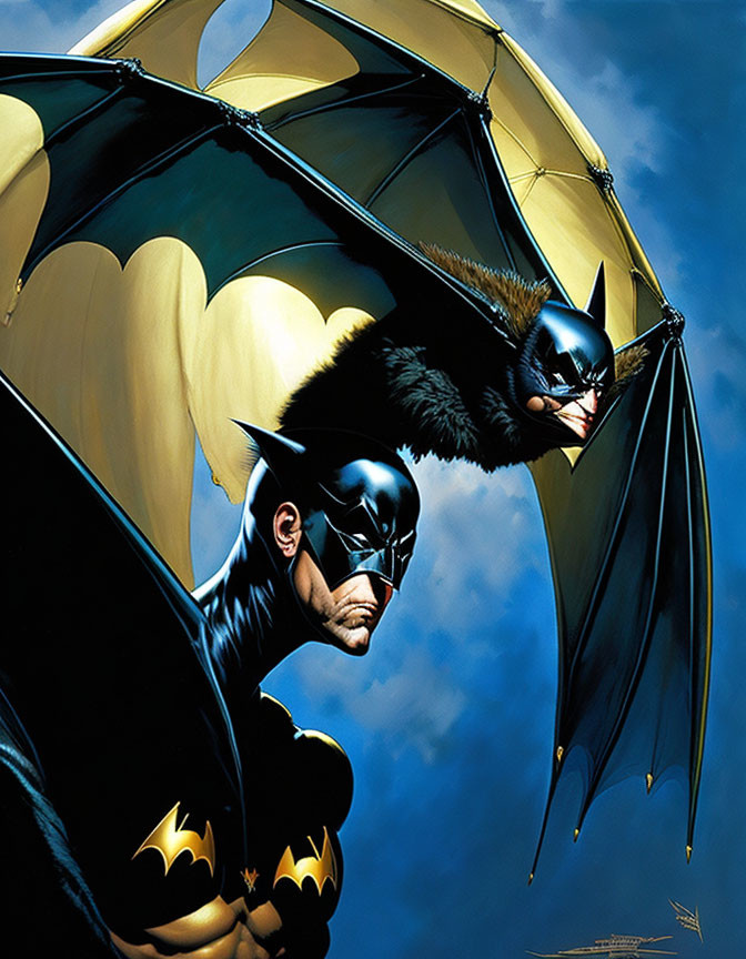 Batman illustration: Dramatic cape spread, gliding in moonlit sky