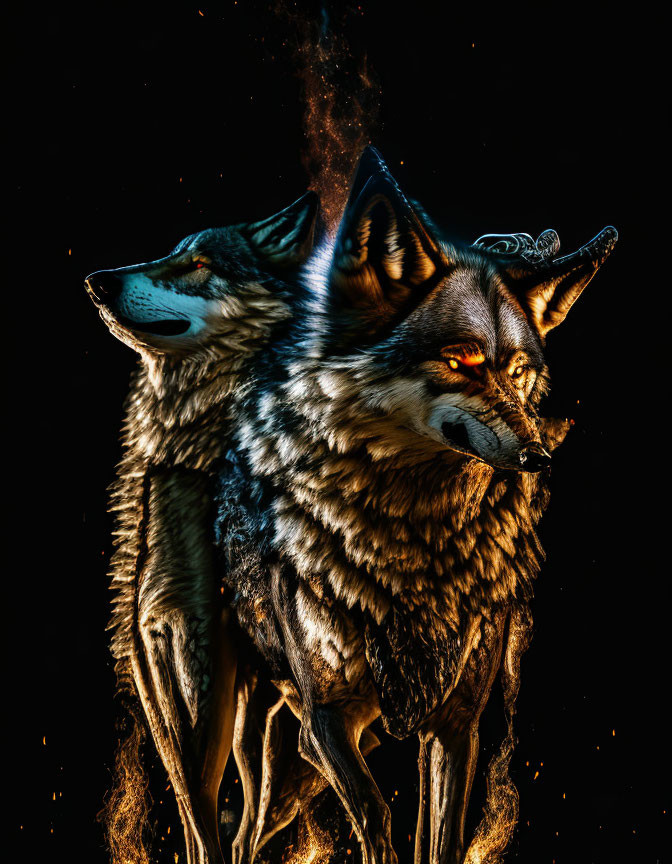 Mystical art: Two wolves in different poses on dark background