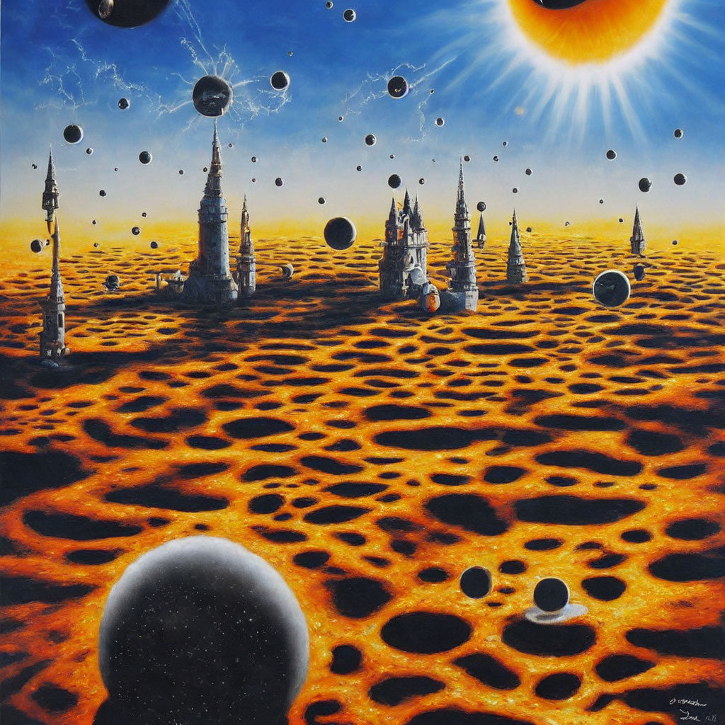 Surreal landscape with floating spheres, castles, and vibrant sun