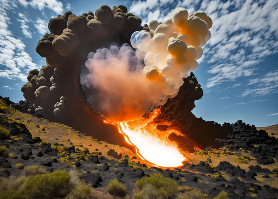 Intense volcanic eruption with flowing lava and billowing smoke