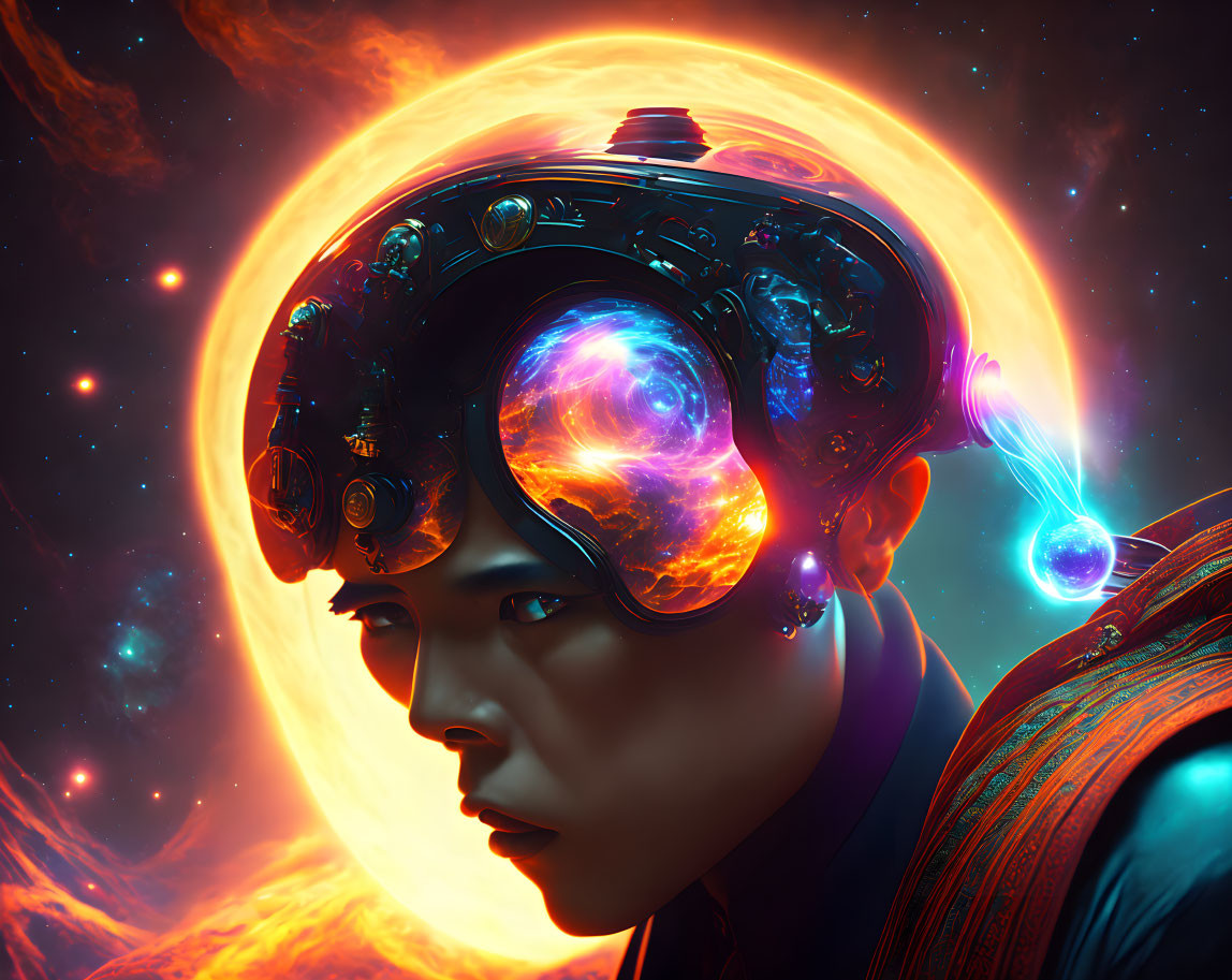 Futuristic helmet with cosmic elements and swirling galaxy backdrop