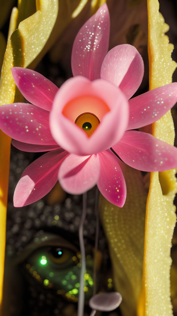 Pink flower with dewdrops and green-eyed creature in shadowy foliage