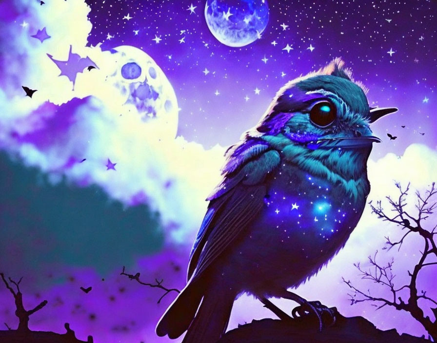 Colorful Cosmic Bird Perched on Branch in Purple Starry Sky