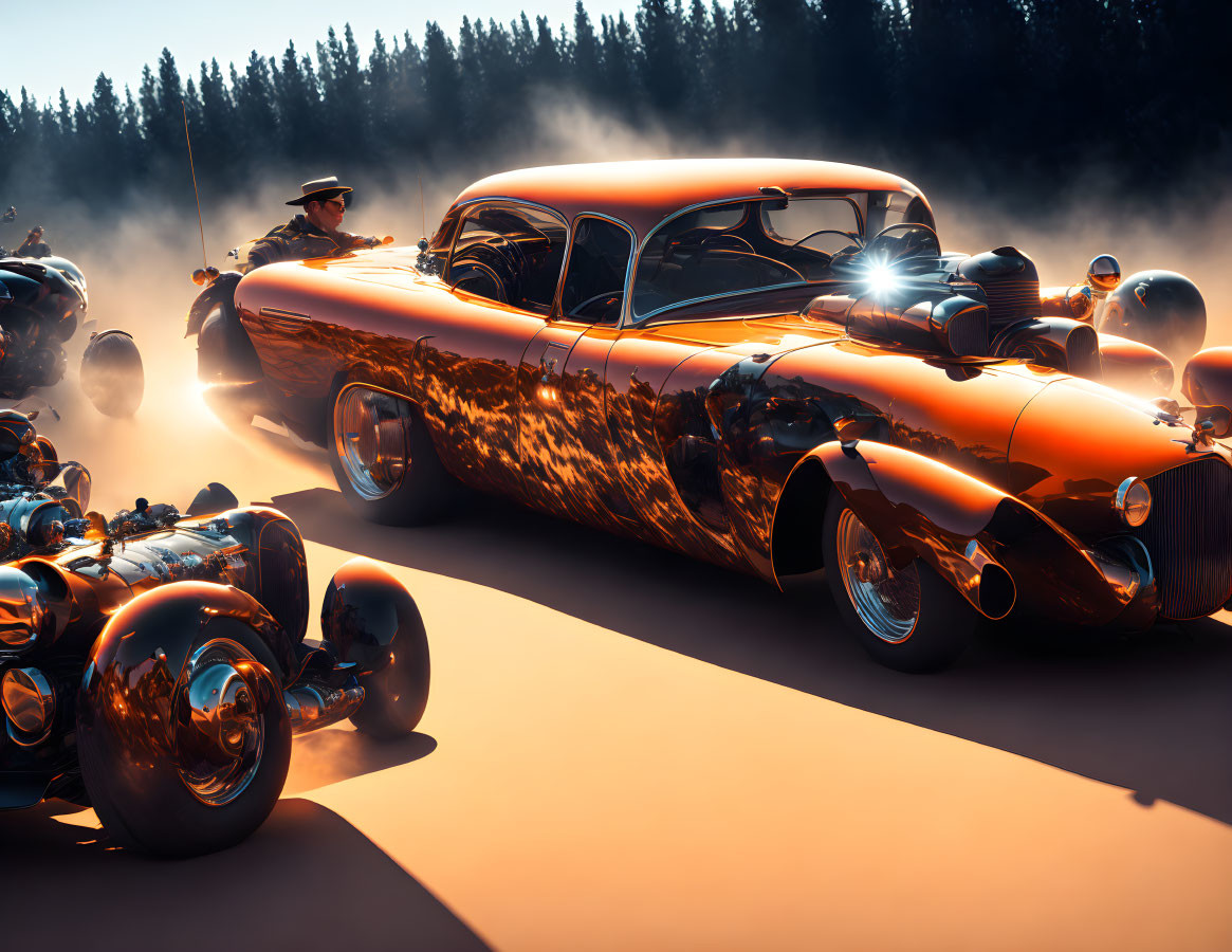 Retro-futuristic car racing chrome motorcycles on dark tree-lined road