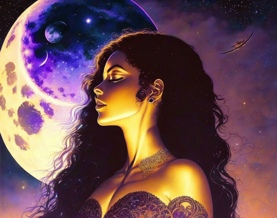 Woman with cosmic features, purple moon, stars, and spaceship in illustration