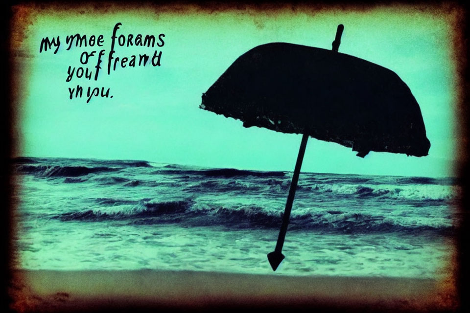 Silhouette of upside-down umbrella against turbulent sea with scrambled text.