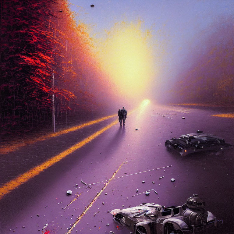 Person walks away from crashed hover-cars on misty road amidst autumn forest.