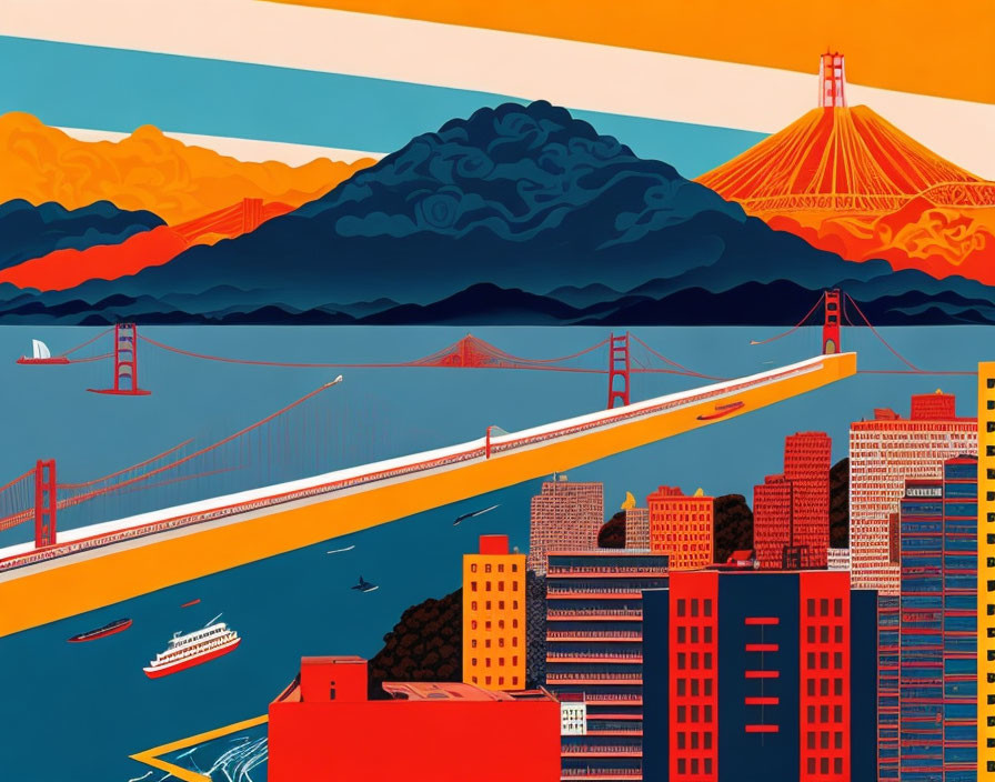 Vibrant City Skyline Illustration with Mount Fuji and Bridge in Orange and Blue Hues