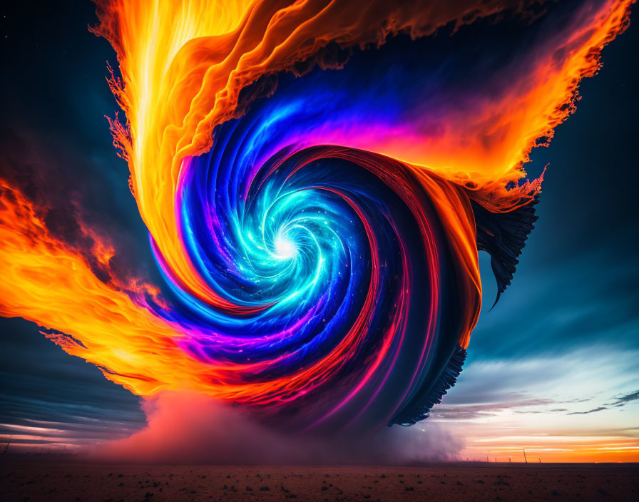 Colorful swirling vortex against dramatic sky - digital artwork