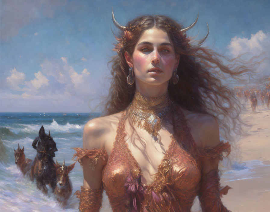 Fantasy woman with horns and ornate attire on beach with dogs & palm trees