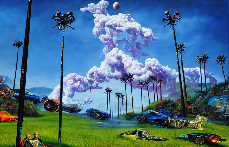 Surreal landscape with floating cars and whimsical clouds