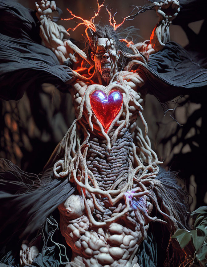 Detailed Figure with Glowing Heart, Tattered Robes, and Energy Effects