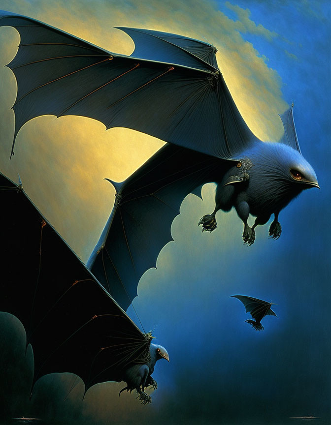 Surreal painting: Colossal bats with eagle heads flying in stormy sky