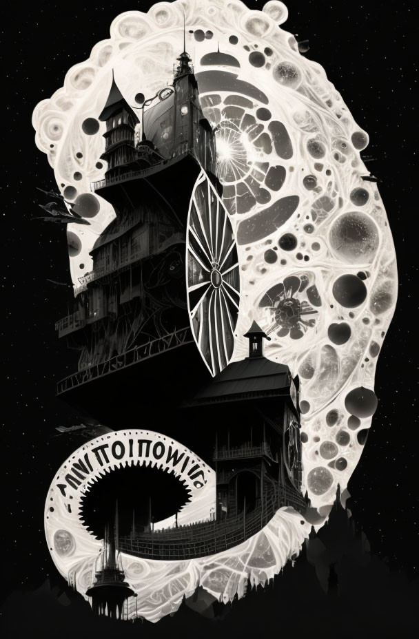 Monochrome surreal artwork: intricate tower against celestial backdrop