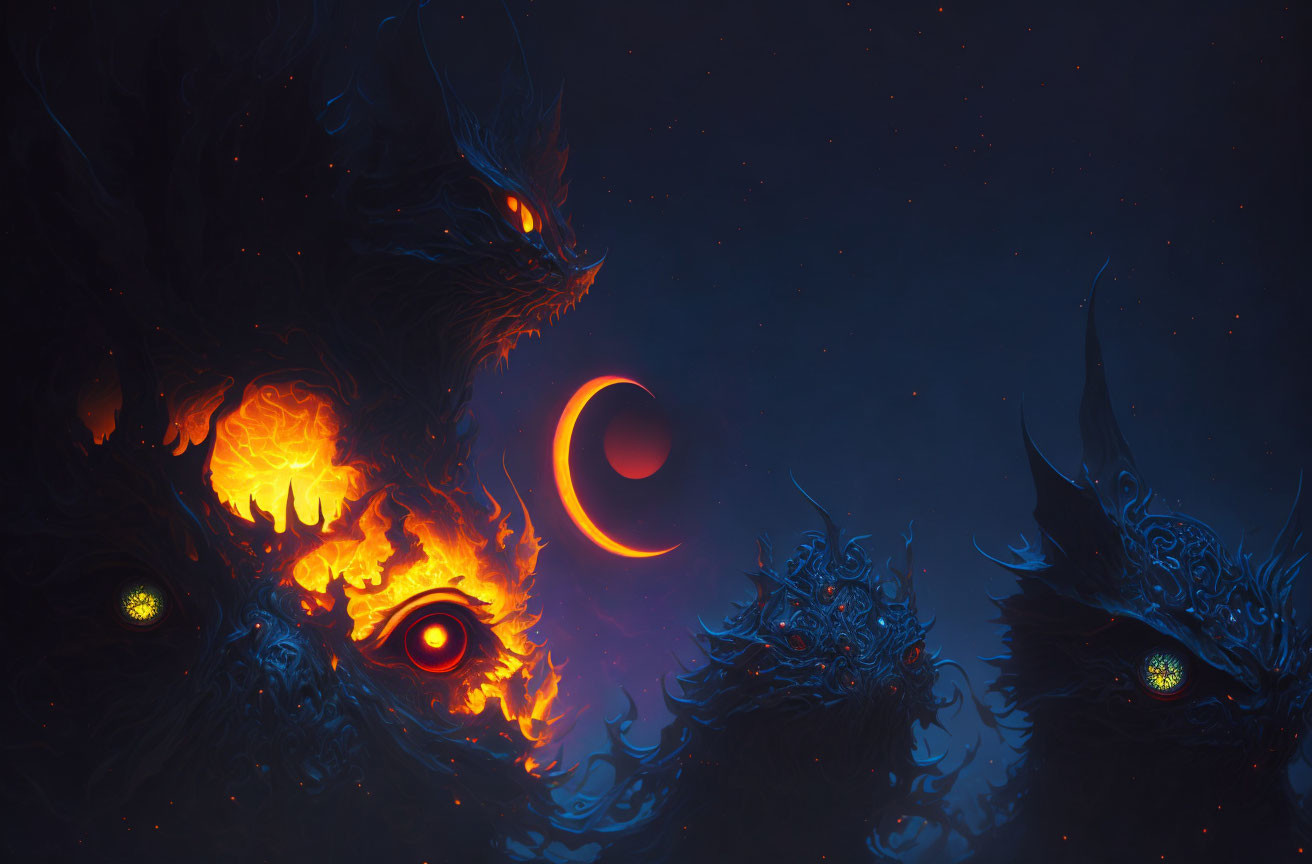 Fantasy Artwork: Three Mythical Creatures with Glowing Eyes and Fiery Elements