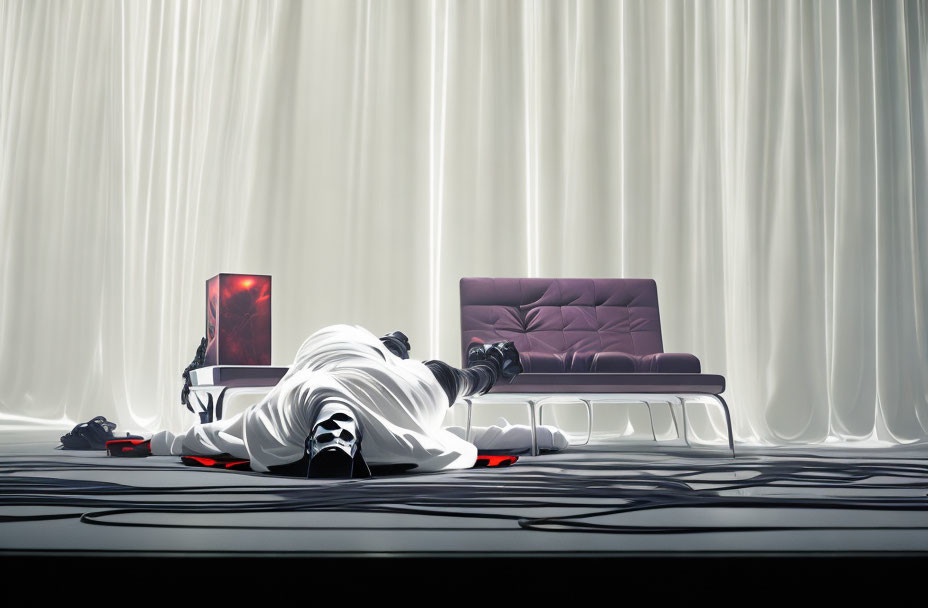 Figure in white sheet by red-lit laptop and modern chair