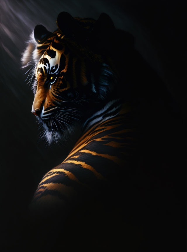 Majestic tiger with orange and black stripes in spotlight