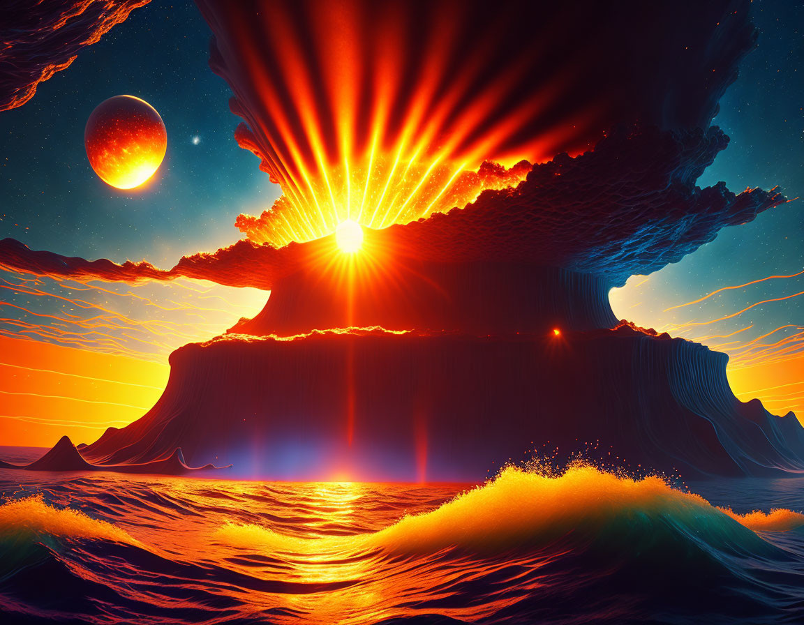 Digital art scene: sunburst, floating island, ocean waves, second planet at sunset