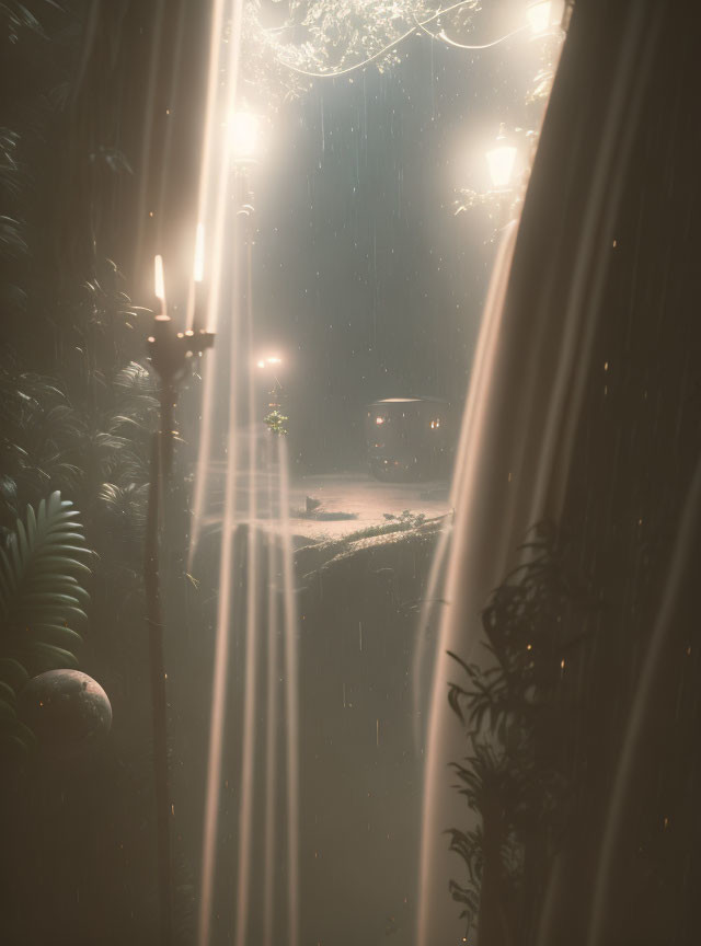 Mystic rain-soaked garden with glowing street lamp in dense foliage