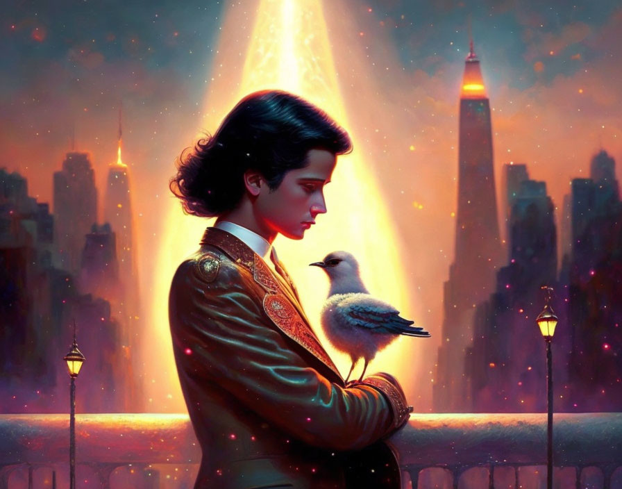 Illustration of woman with white bird in vibrant cityscape at dusk