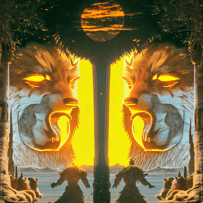 Symmetrical lion heads with glowing eyes in orange sky landscape