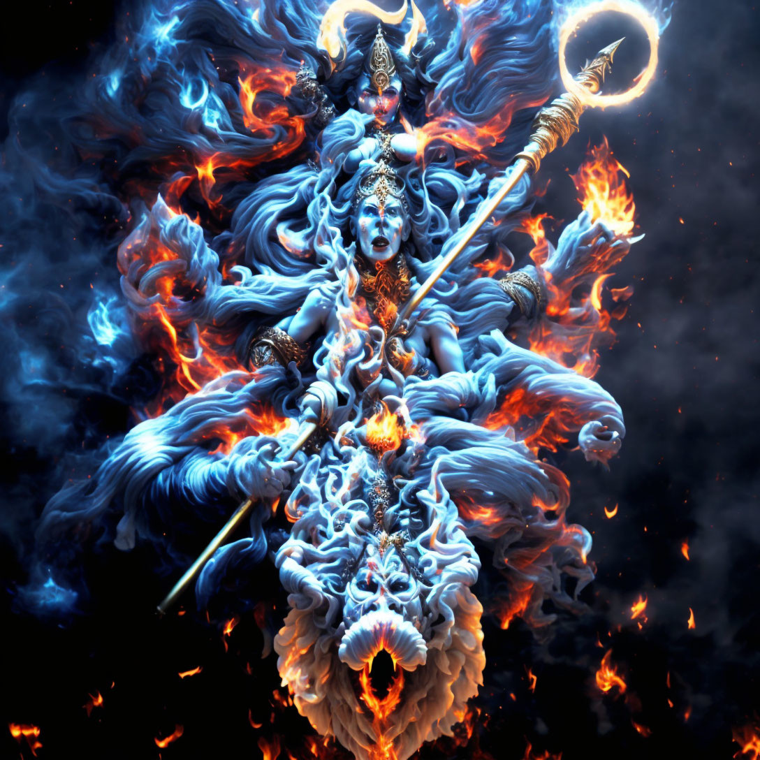 Detailed Illustration of Multi-Armed Deity in Flames & Smoke