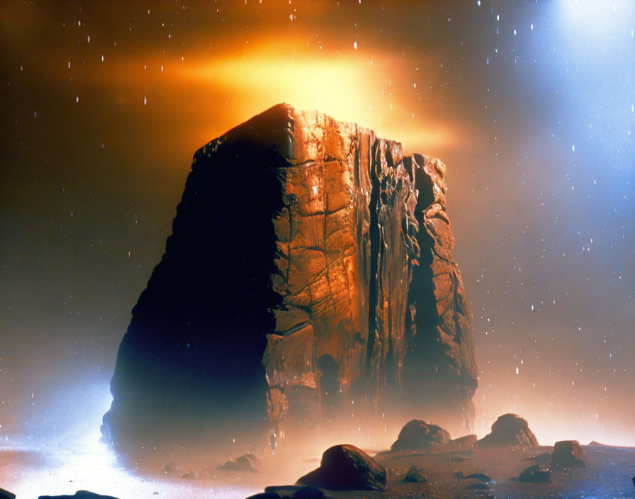 Alien world cliff under starry sky with orange haze