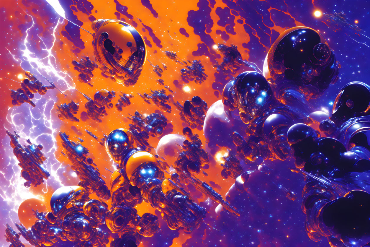 Colorful space artwork with reflective spheres, fiery clouds, and blue lightning.