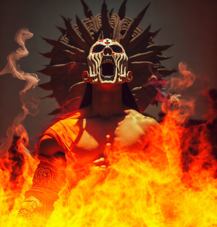 Skull Masked Figure with Ornate Headdress in Fiery Background