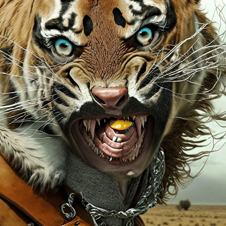 Roaring tiger with sharp teeth and chain in grassland