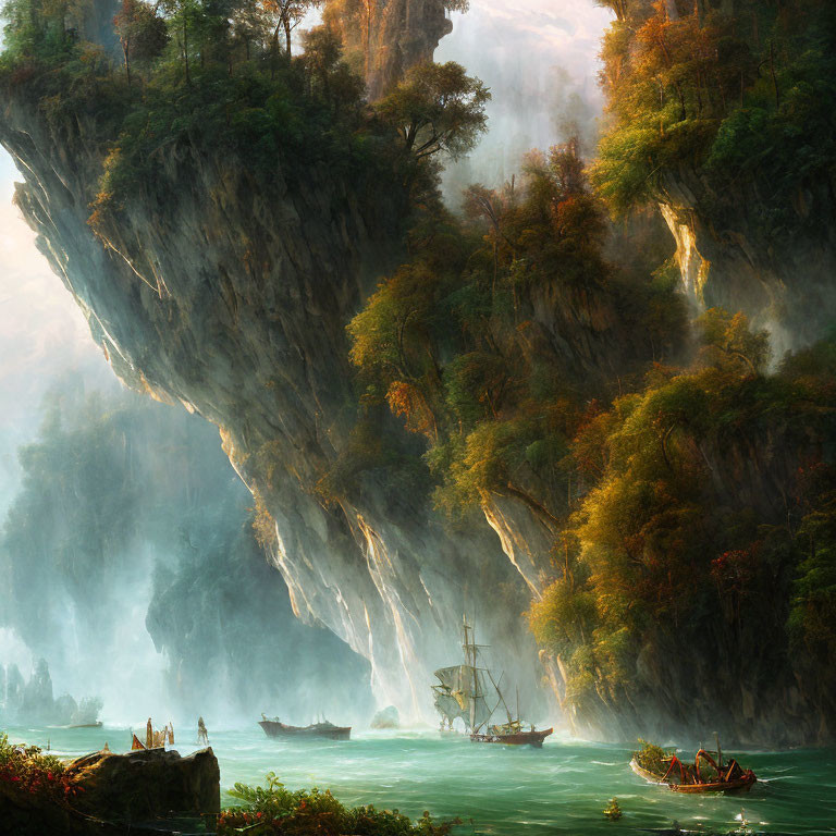 Scenic cliff with waterfalls and sailboats on misty river