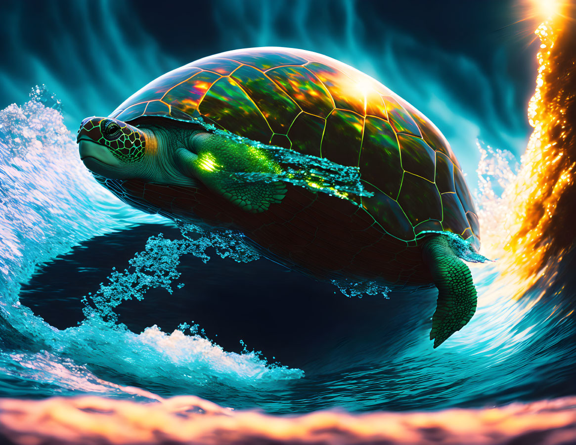 Colorful Turtle Swimming Underwater with Sunlight Reflections