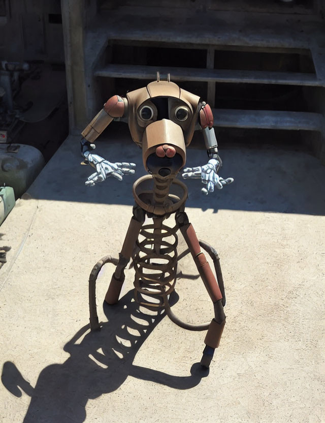 Metal dog sculpture with mechanical parts and white skeletal forelegs outdoors.