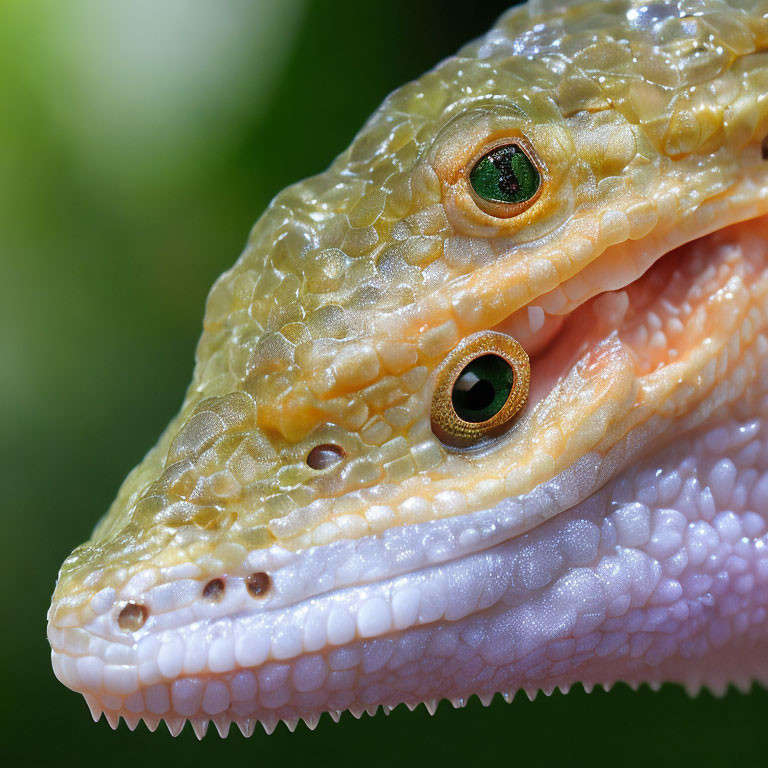 Detailed reptile head with textured scales, green eye, and pink tongue.