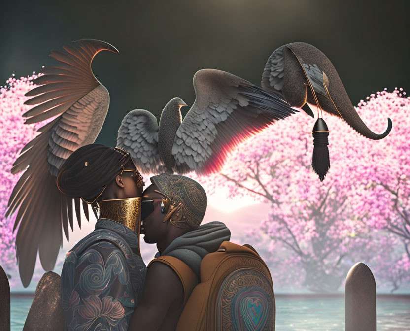 Two individuals with angel wings in a serene scene with pink blossoming trees