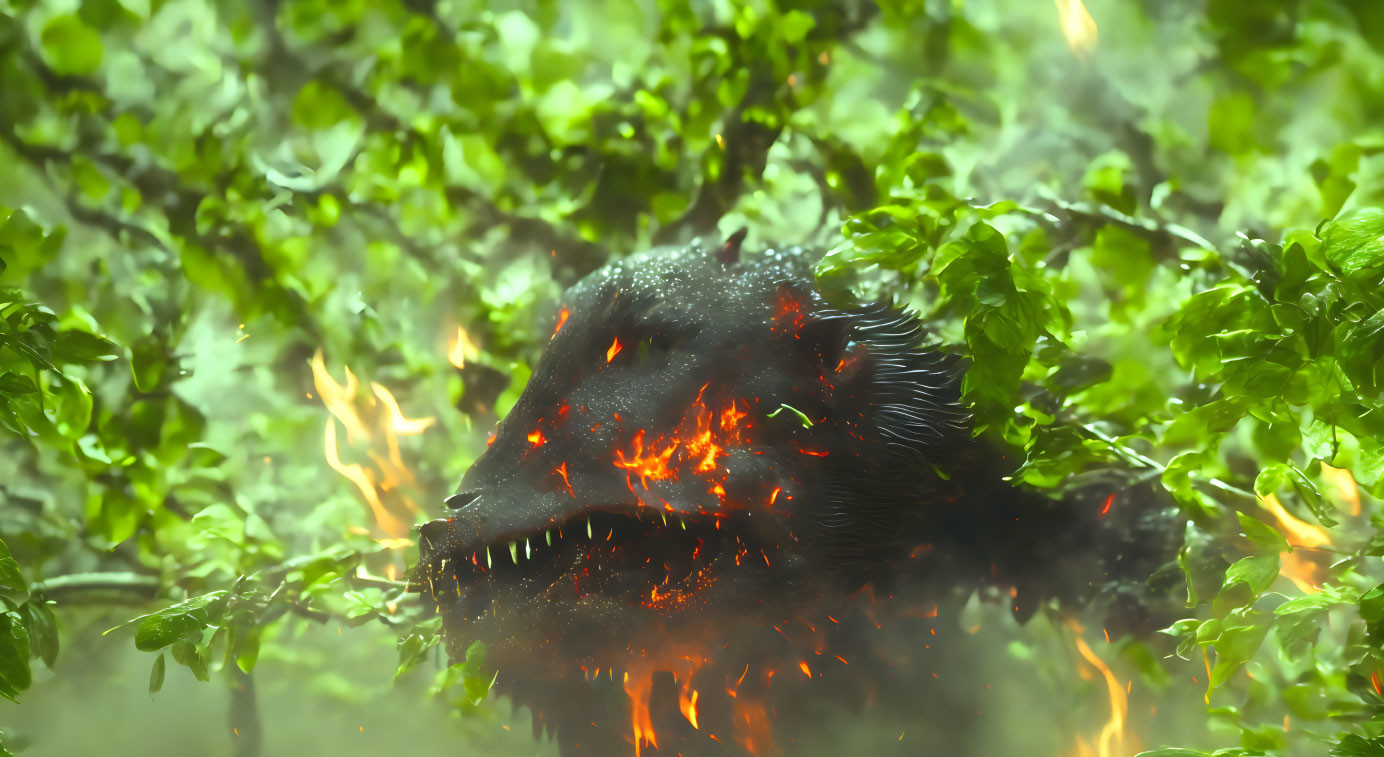 Glowing creature with fangs in misty forest with fire streaks