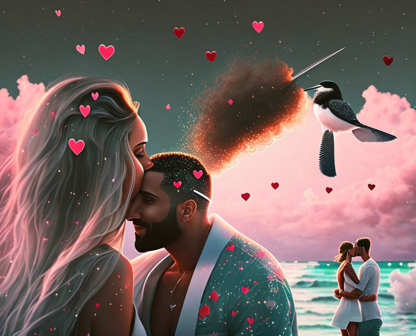 Surreal romantic illustration with kissing couple, floating hearts, cosmic trail, hummingbird, and embracing