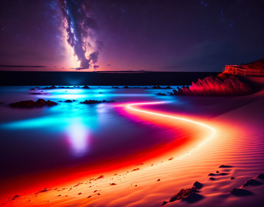 Stunning Milky Way over surreal red and blue beach with rocks and wooden walkway