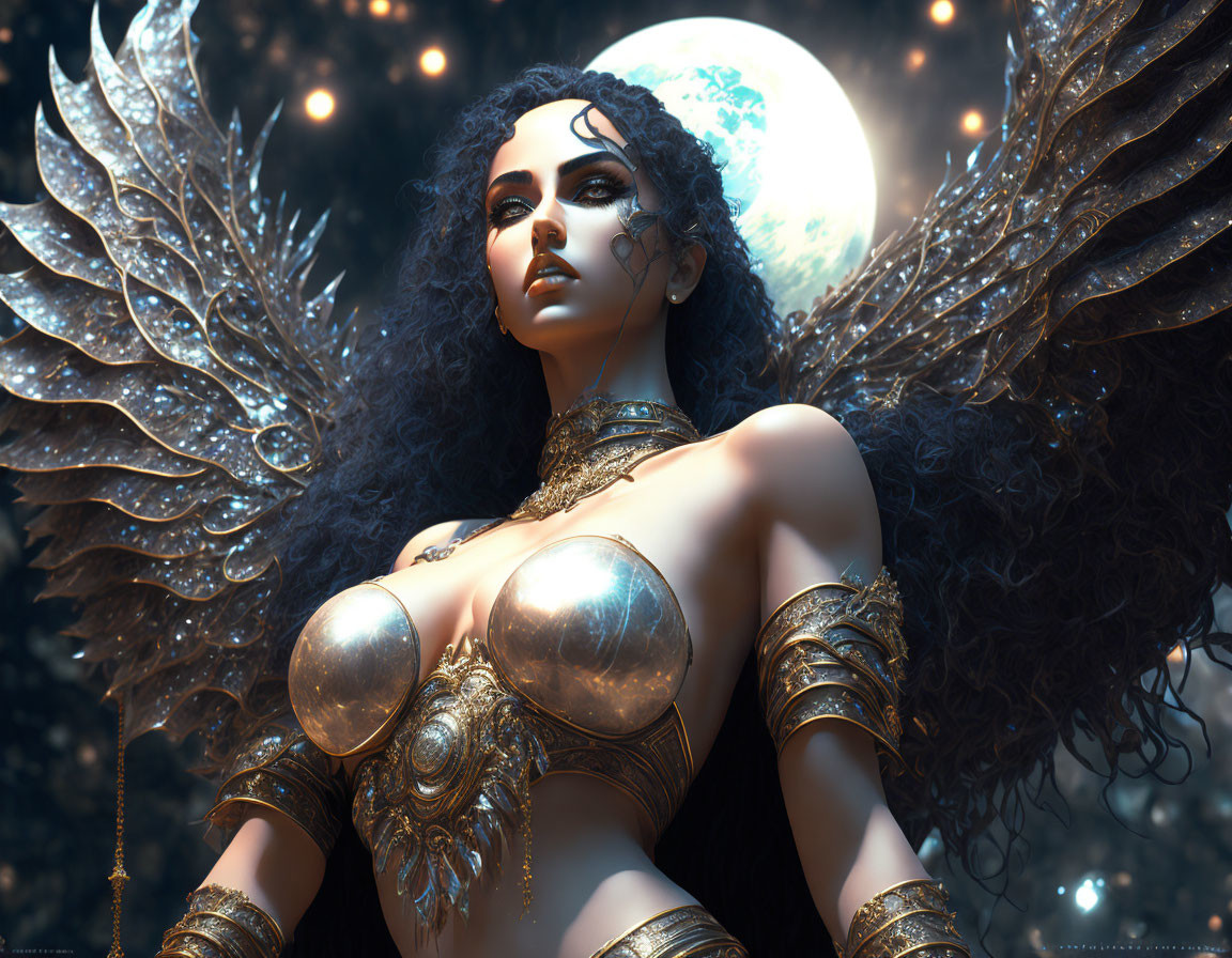 Detailed digital artwork of woman with ornate wings and golden armor in moonlit setting