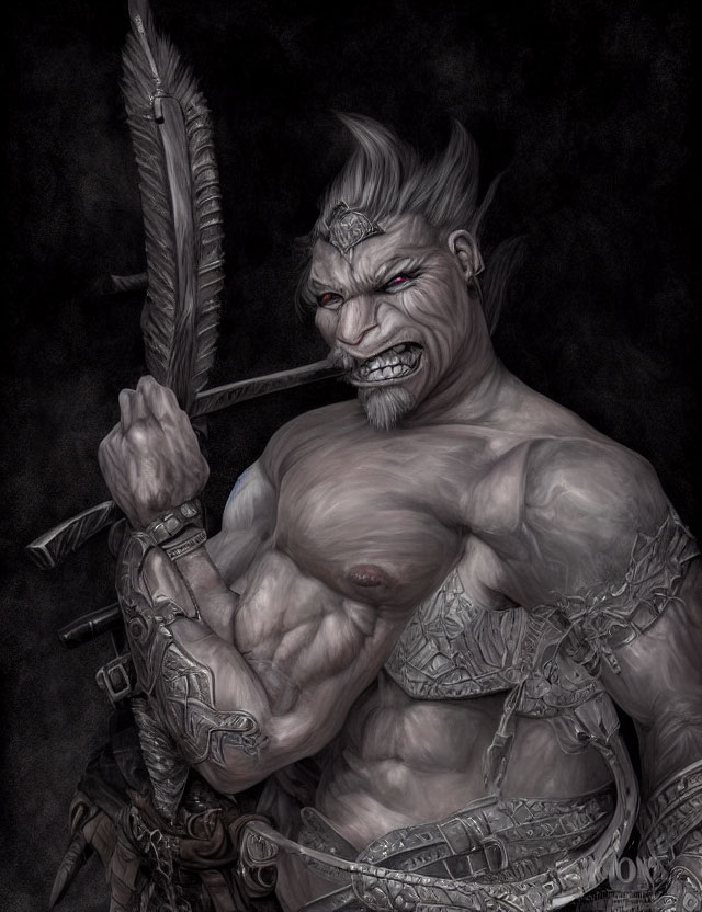 Monochromatic fantasy illustration of a muscular orc with tusks and red eyes holding a feathered pen