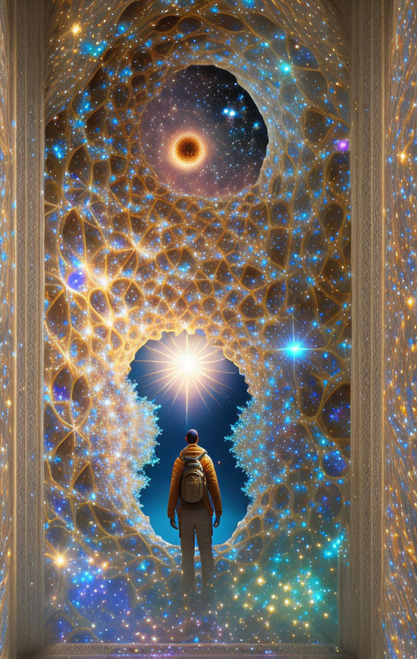 Surreal doorway with cosmic scene of stars and web-like structures