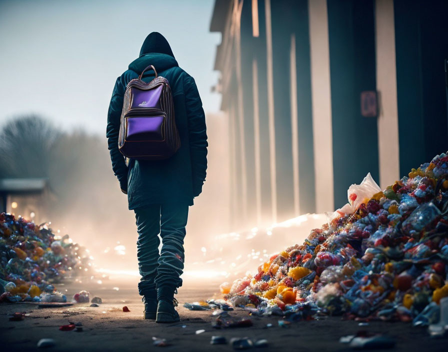 Person walking amidst trash piles under misty light