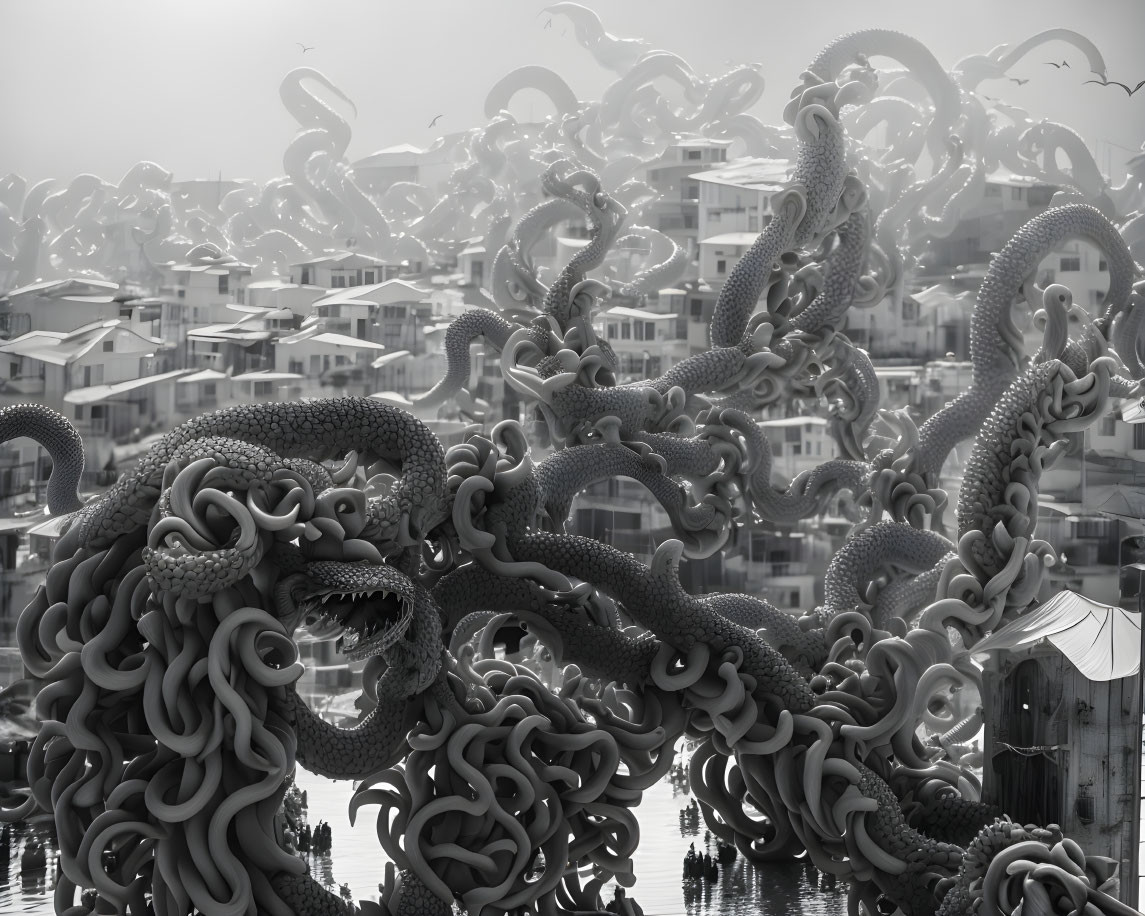 Monochrome surrealist town scene with giant octopus tentacles and flying birds