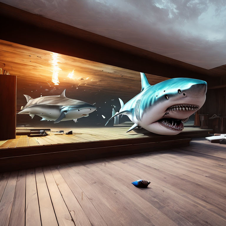 3D-rendered shark breaking through wooden floor with sunlight and another shark