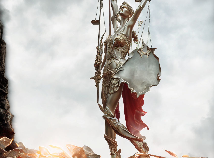 Lady Justice Statue with Scales and Sword on Cloudy Sky