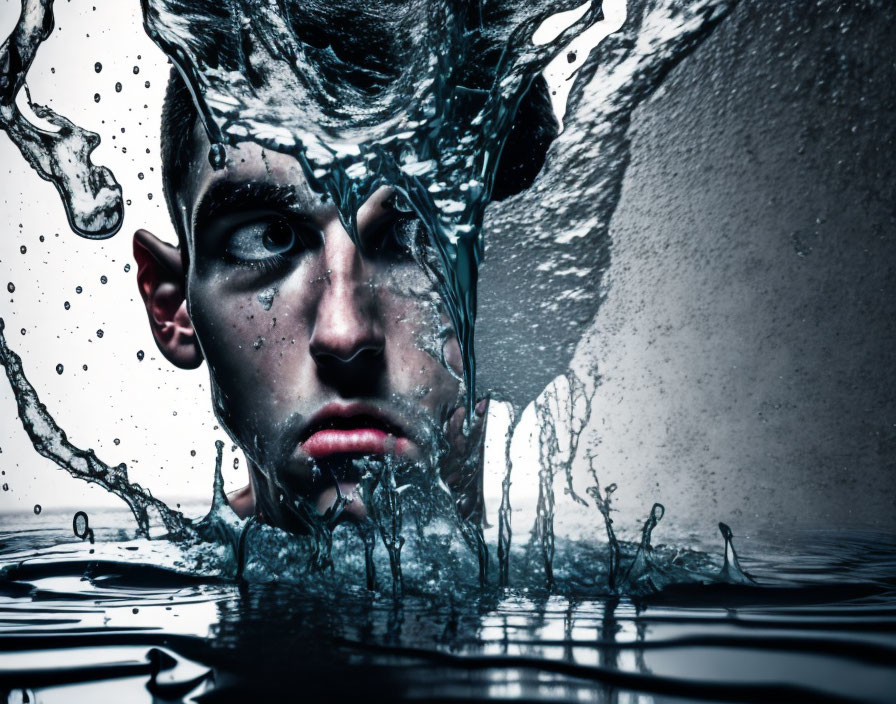 Face Emerges from Water with Ripples and Droplets