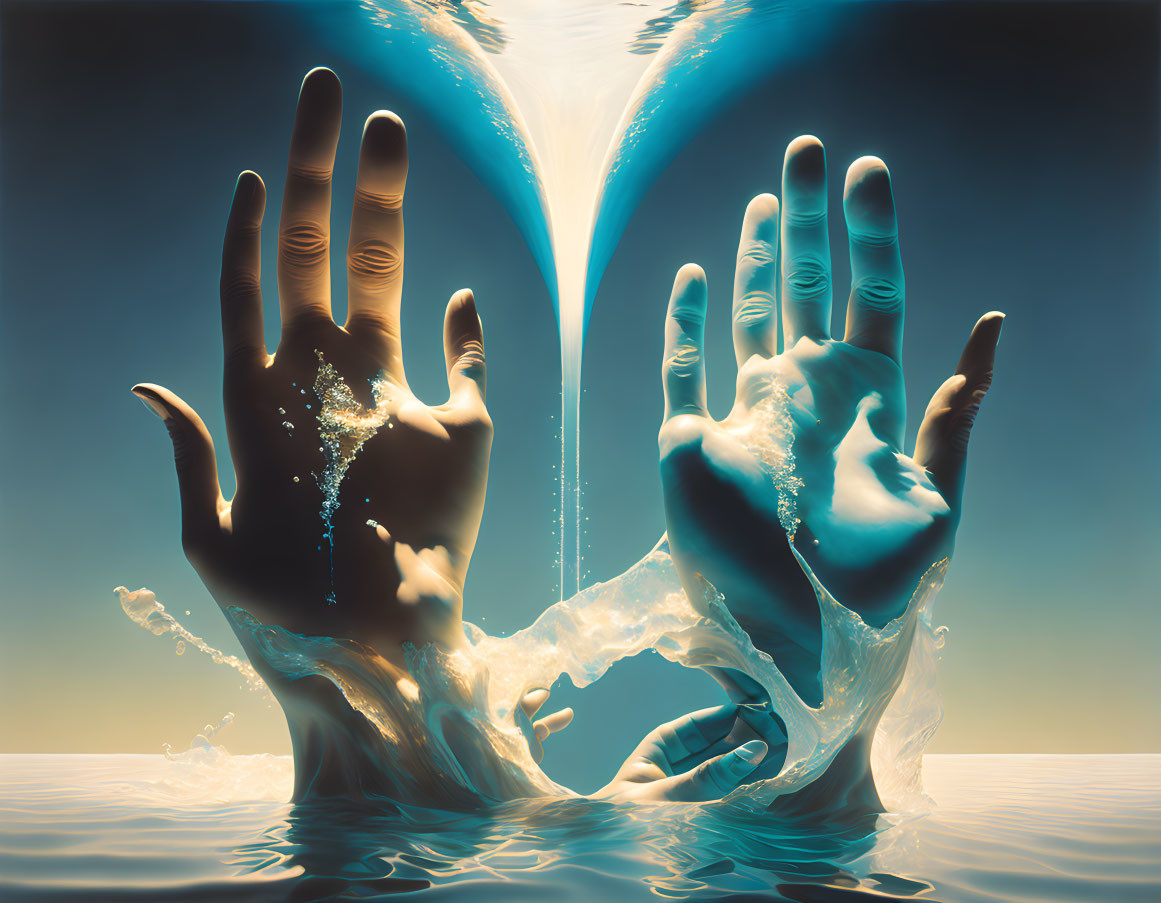 Human hands in water with surreal liquid splash effect