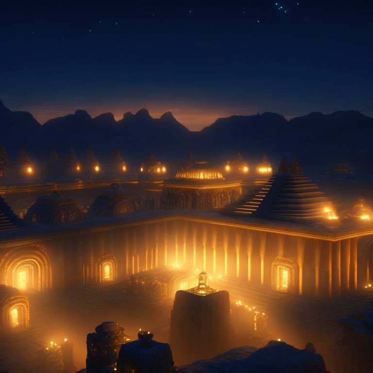 Ethereal illuminated ancient city under starry sky