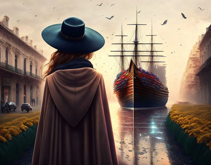 Person in Hat and Cape in Surreal Scene with Ship, Birds, Buildings, and Flowers