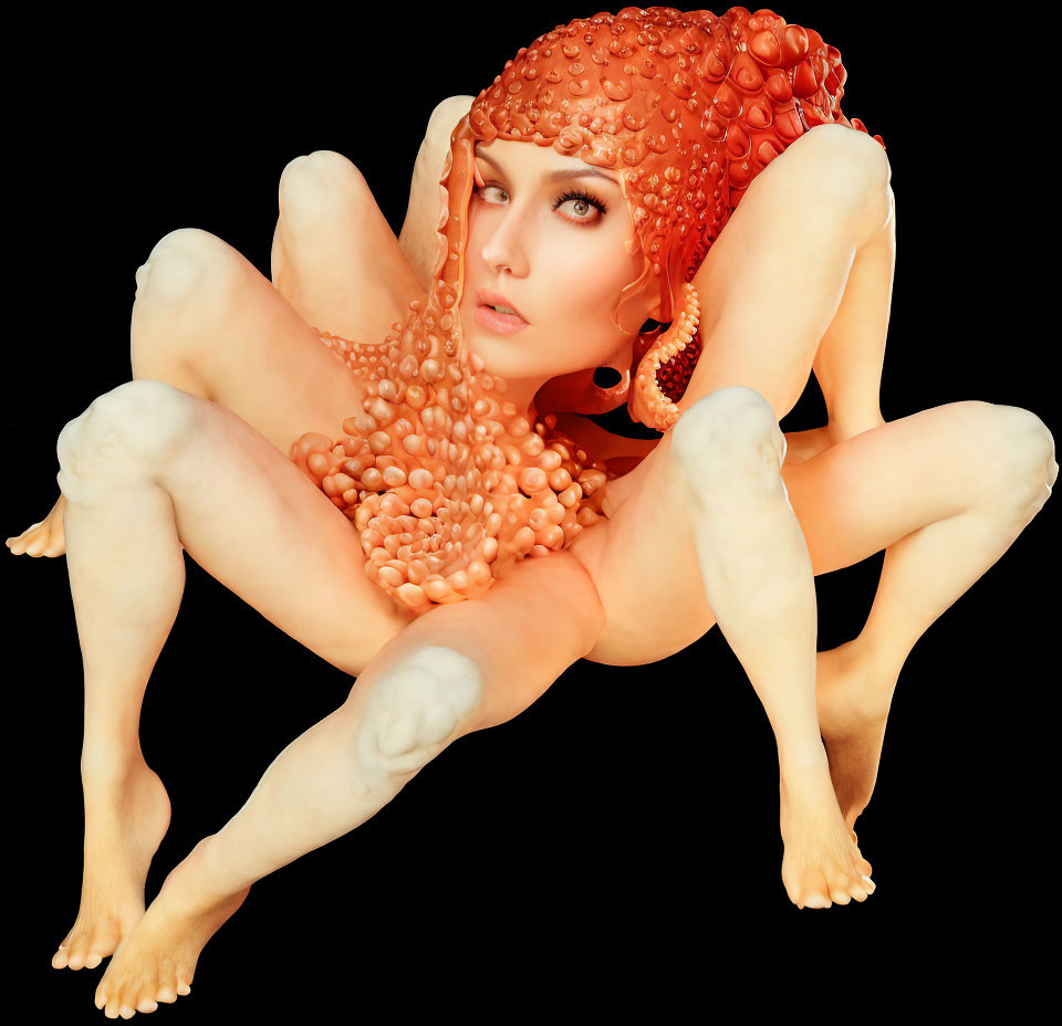 Surreal image: person with multiple limbs and octopus head on black background